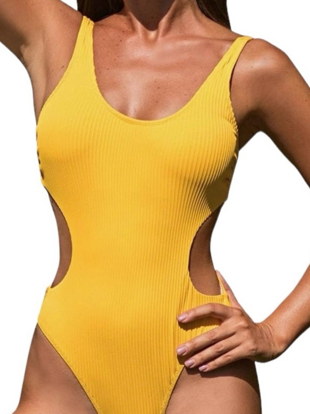 Cupshe Ribbed Yellow Cut Out Scoop Back Cheeky One Piece Swimsuit Sz XL